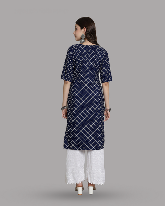 Navy Blue Checkered Kurta
