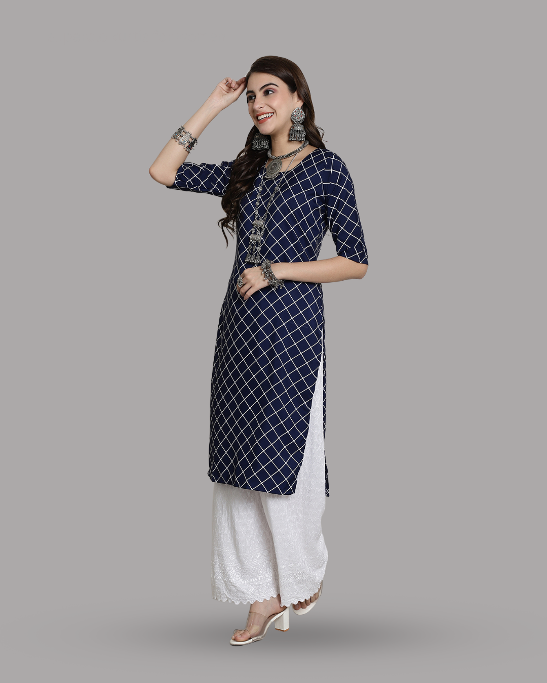 Navy Blue Checkered Kurta