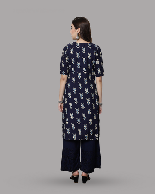 Navy Blue Block Printed Kurta