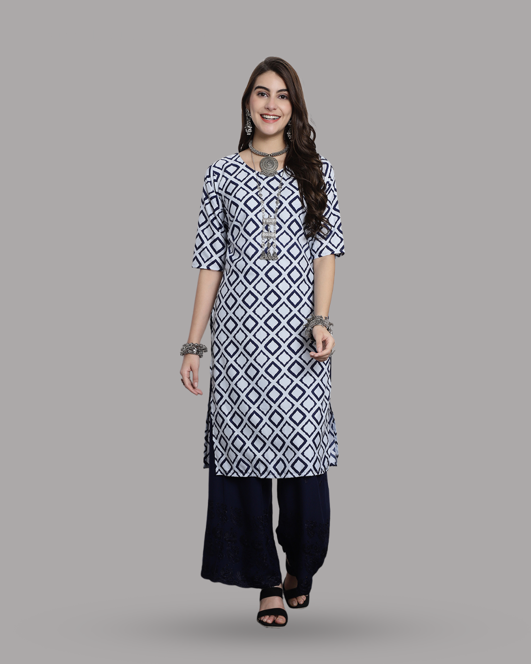 Navy and Ivory Block Printed Kurta