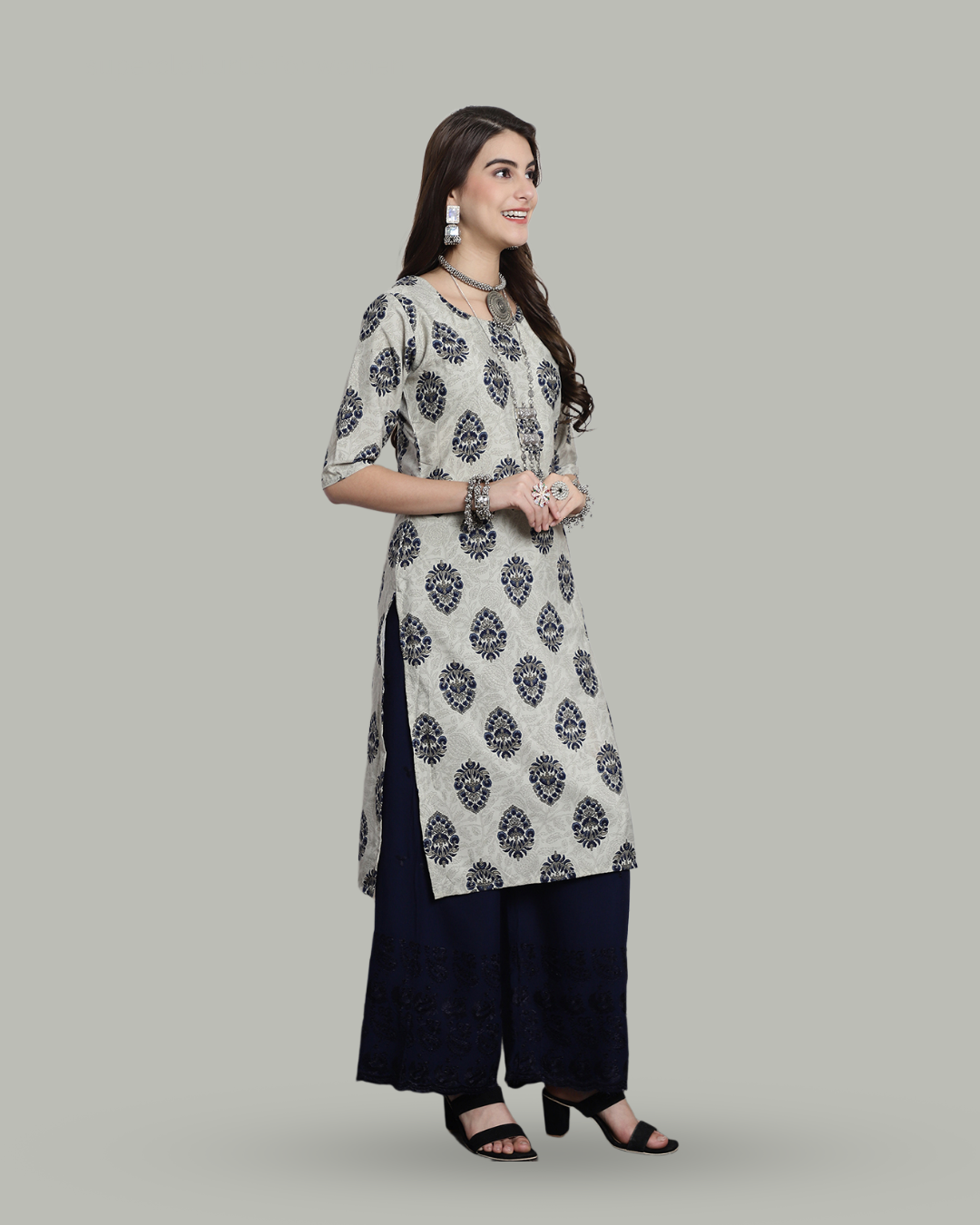 Misty Grey Blossom Printed Kurta