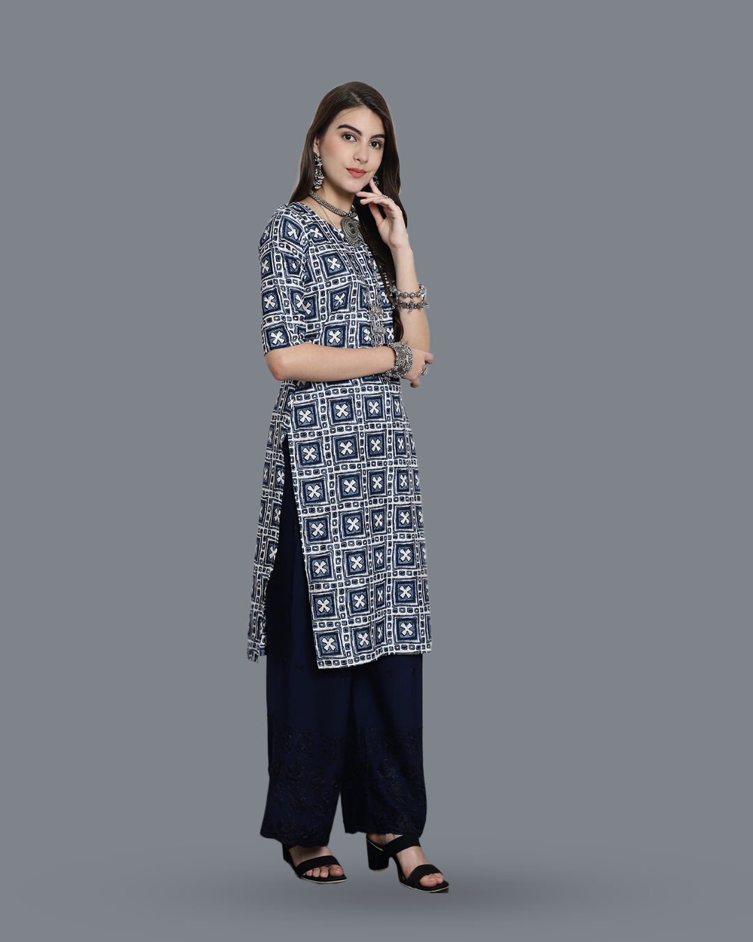 Navy Blue Cross Printed Kurta
