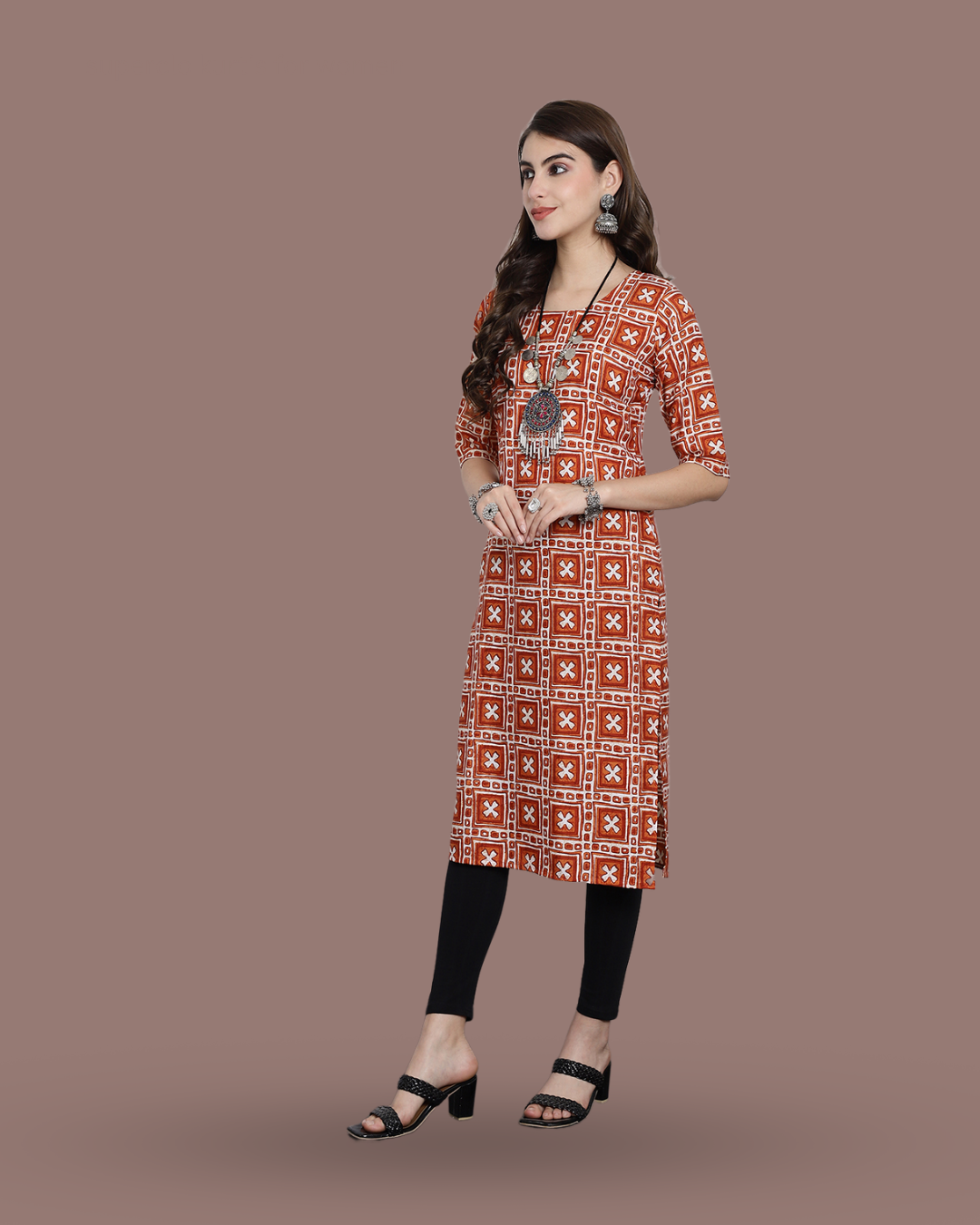 Tangerine Cross Printed Kurta