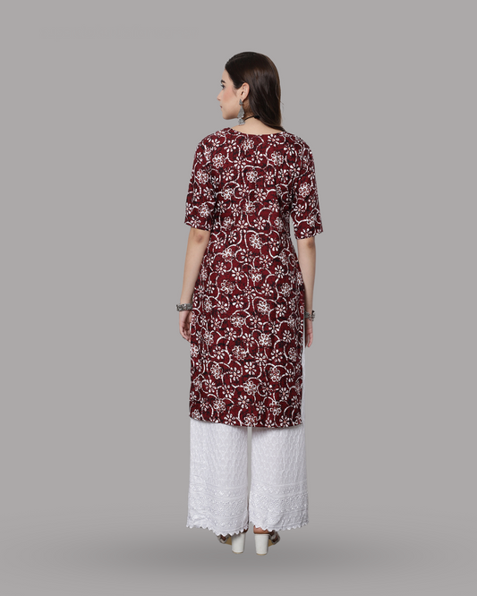 Wine Red Floral Printed Kurta