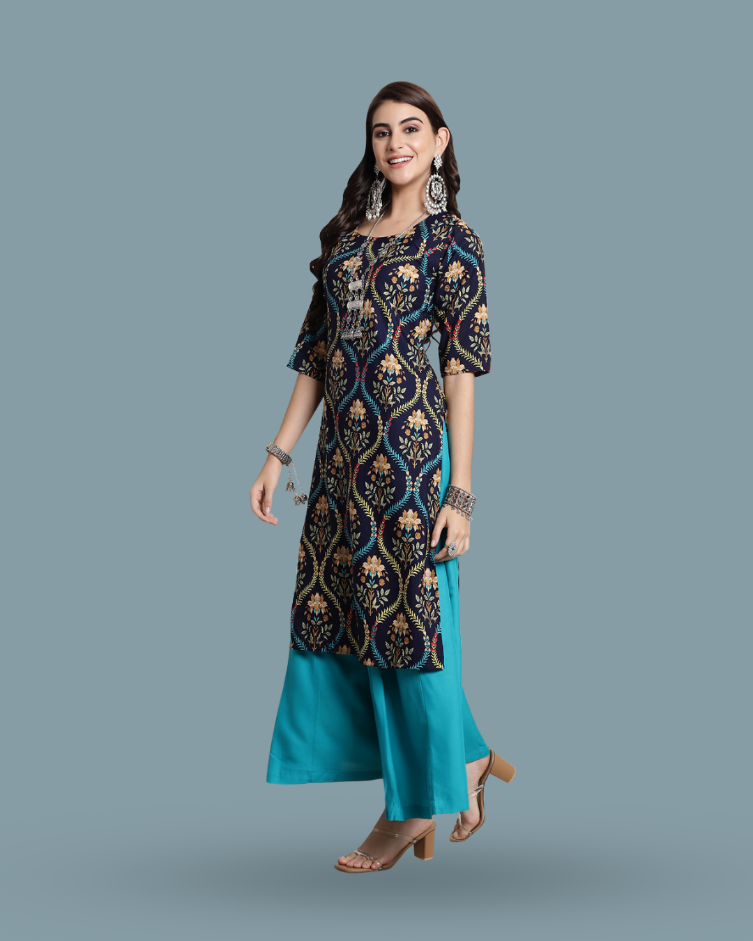 Navy Blue Ethnic Print Kurta
