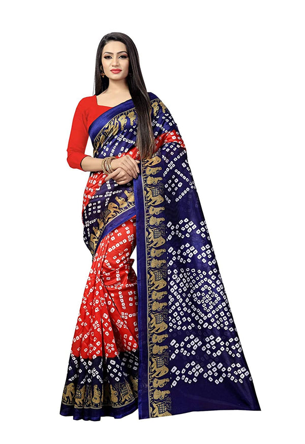 Art Silk Red&Blue Colour Printed Saree With Unstiched Blouse Piece