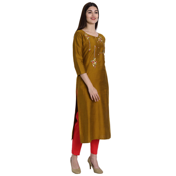 Women Blend Silk Yellow Gold Color Fancy Emboidered Kurta A517
