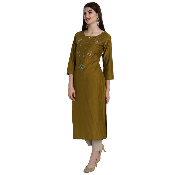 Women Chinon Yellow Gold Color Fancy Emboidered Kurta A525