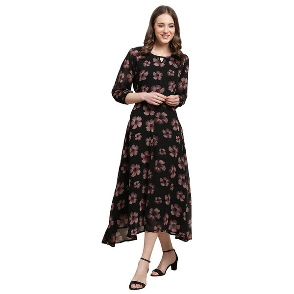 Women's Georgette Black Floral Print A-line Dress _17