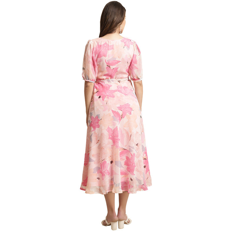 Women's Georgette Pink Floral Print A-line Dress _31