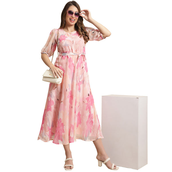Women's Georgette Pink Floral Print A-line Dress _31