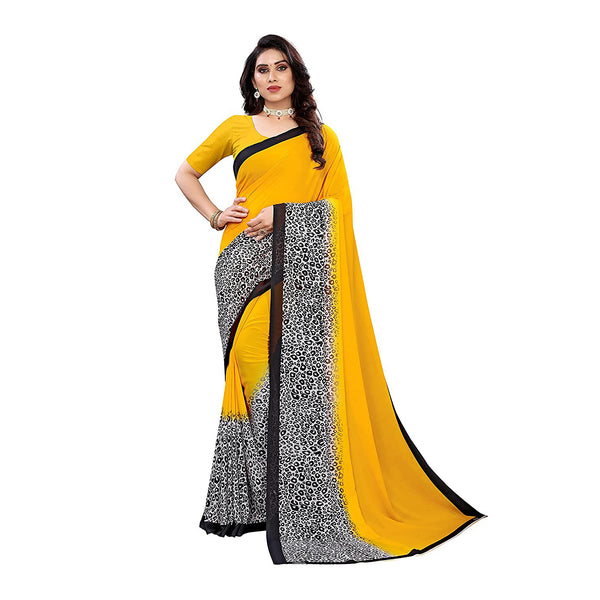 Ethnic Basket Women's Georgette Yellow Color Animal Print Saree With Blouse Piece-RL346