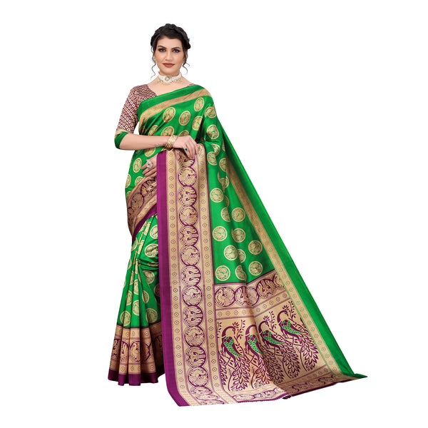 Ethnic Basket Women's Art Silk Green Color Animal Printed Saree With Blouse Piece-SC-893
