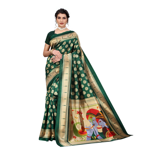 Ethnic Basket Women's Art Silk Green Color Traditional Printed Saree With Blouse Piece-SC-906