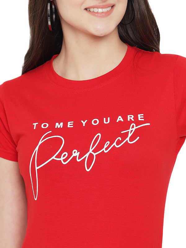 Women's Red Cotton Typography Print Tshirt SU01