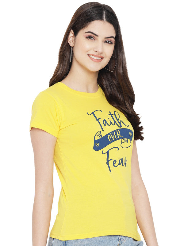 Women's Yellow Cotton Typography Print Tshirt SU16