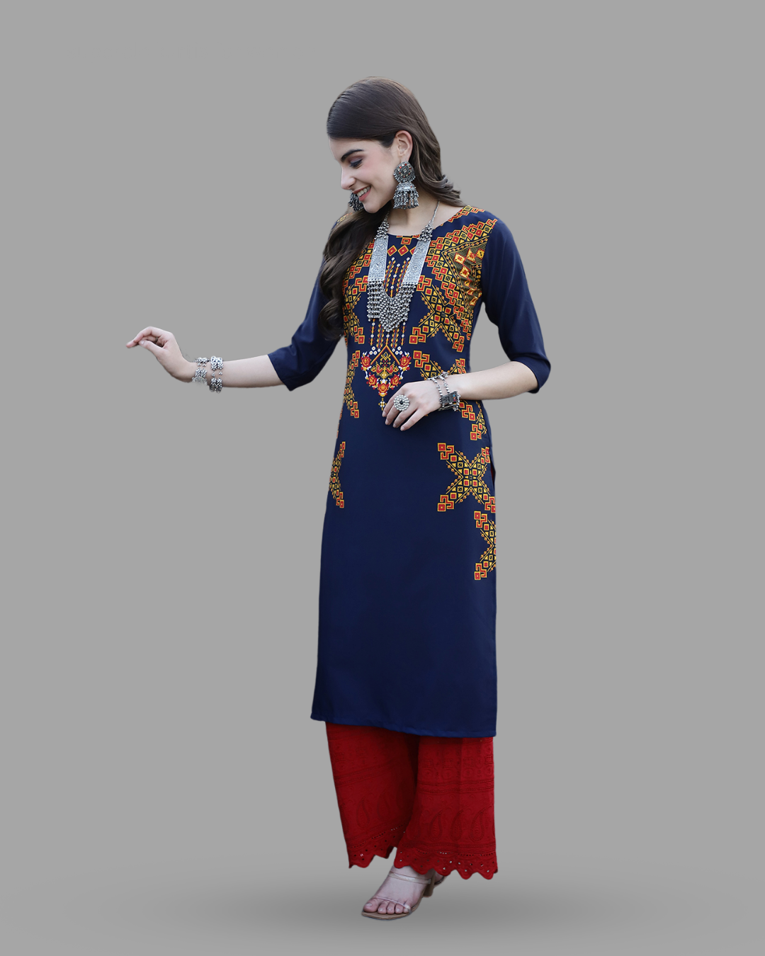Navy Blue Printed Kurta