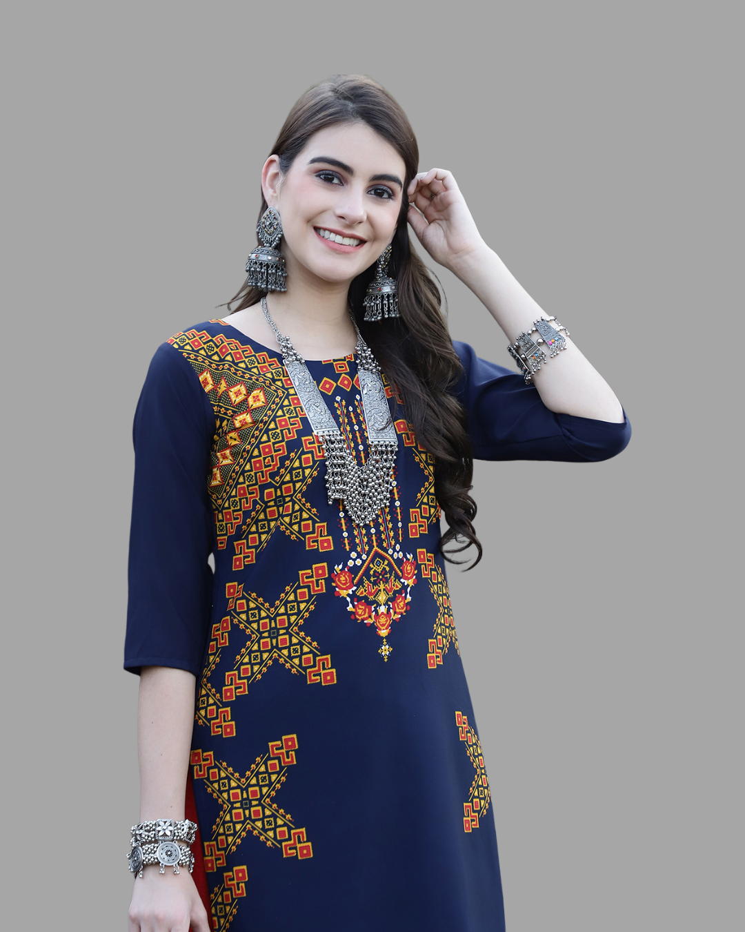 Navy Blue Printed Kurta