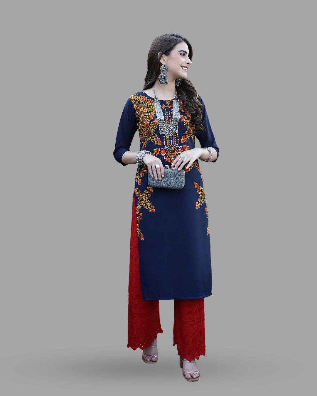 Navy Blue Printed Kurta