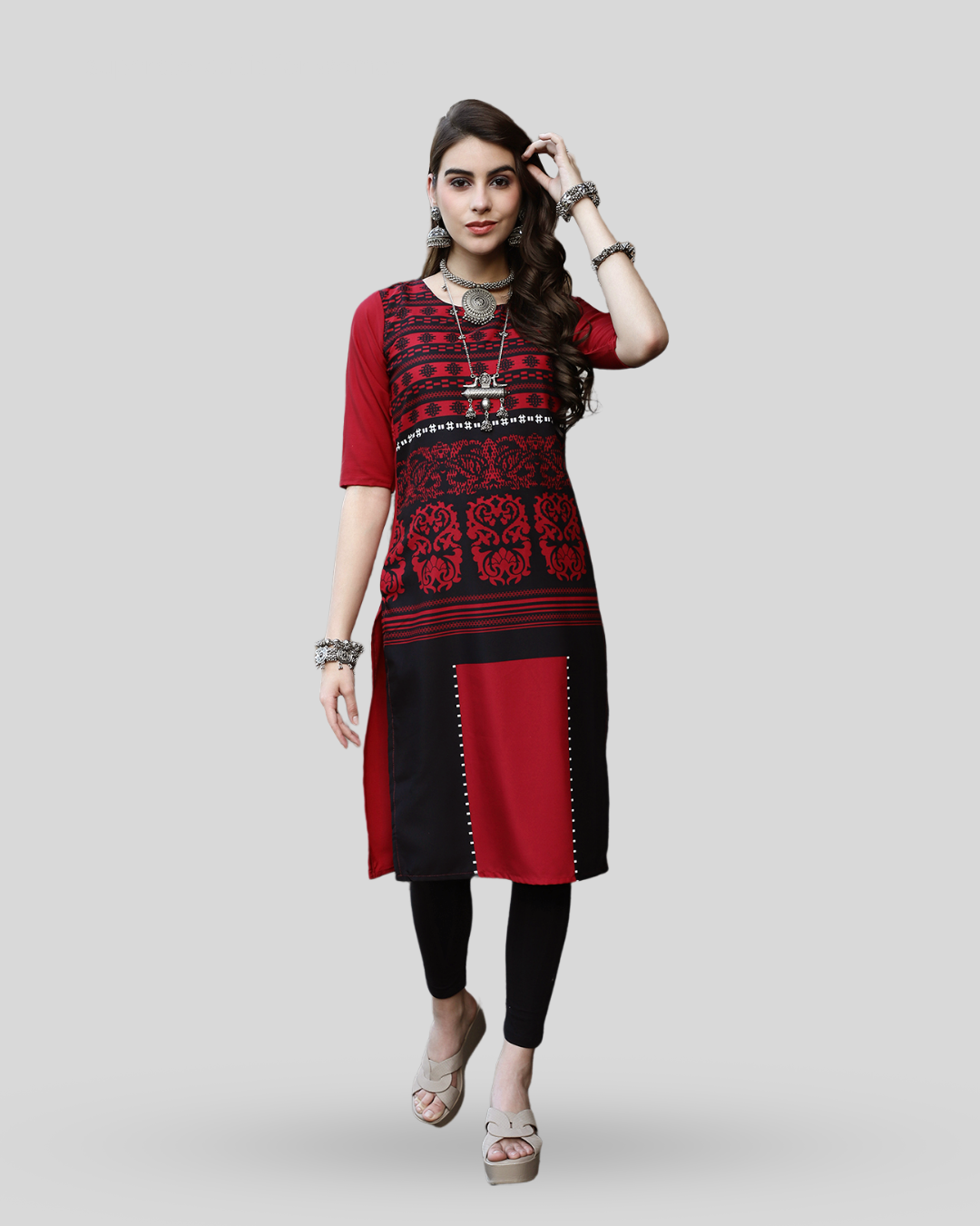 Deep Red and Graphite Printed Kurta