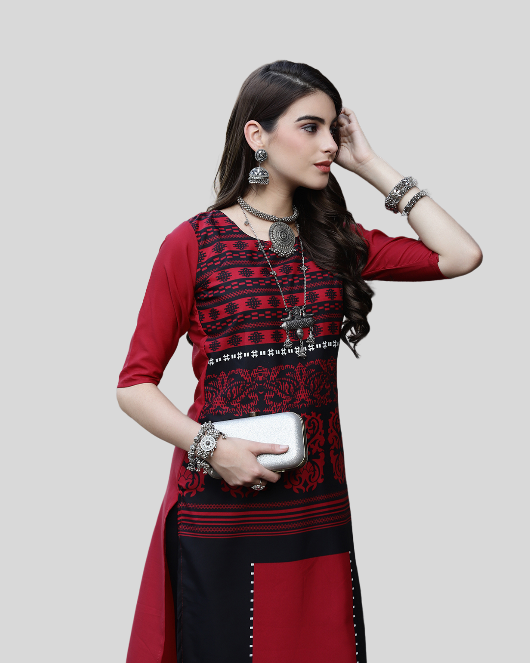 Deep Red and Graphite Printed Kurta