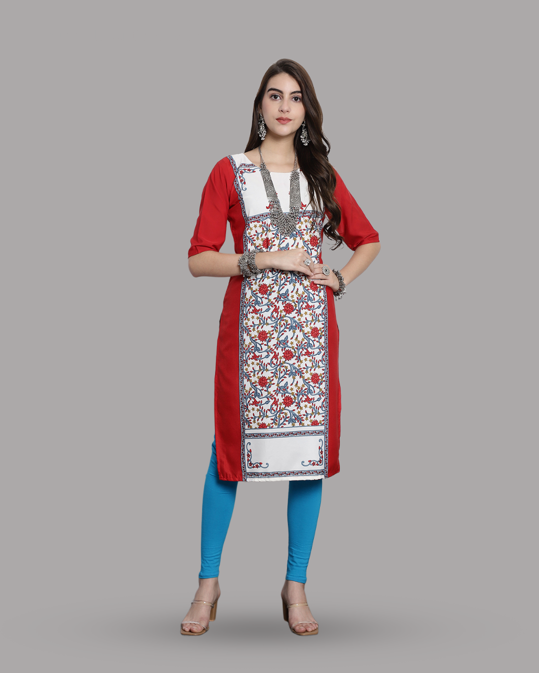 Red Floral Impression Kurta