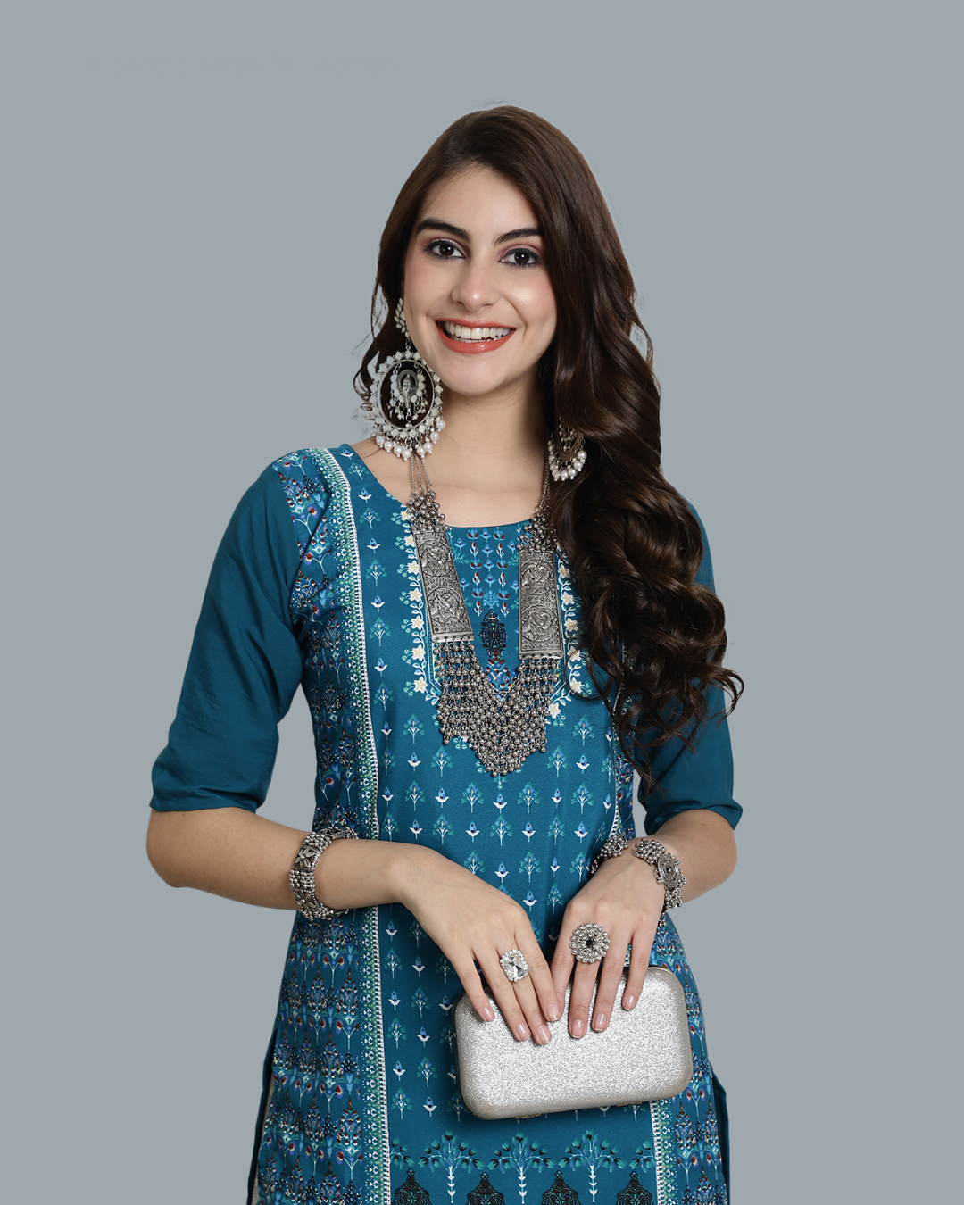 Teal Patterned Kurta