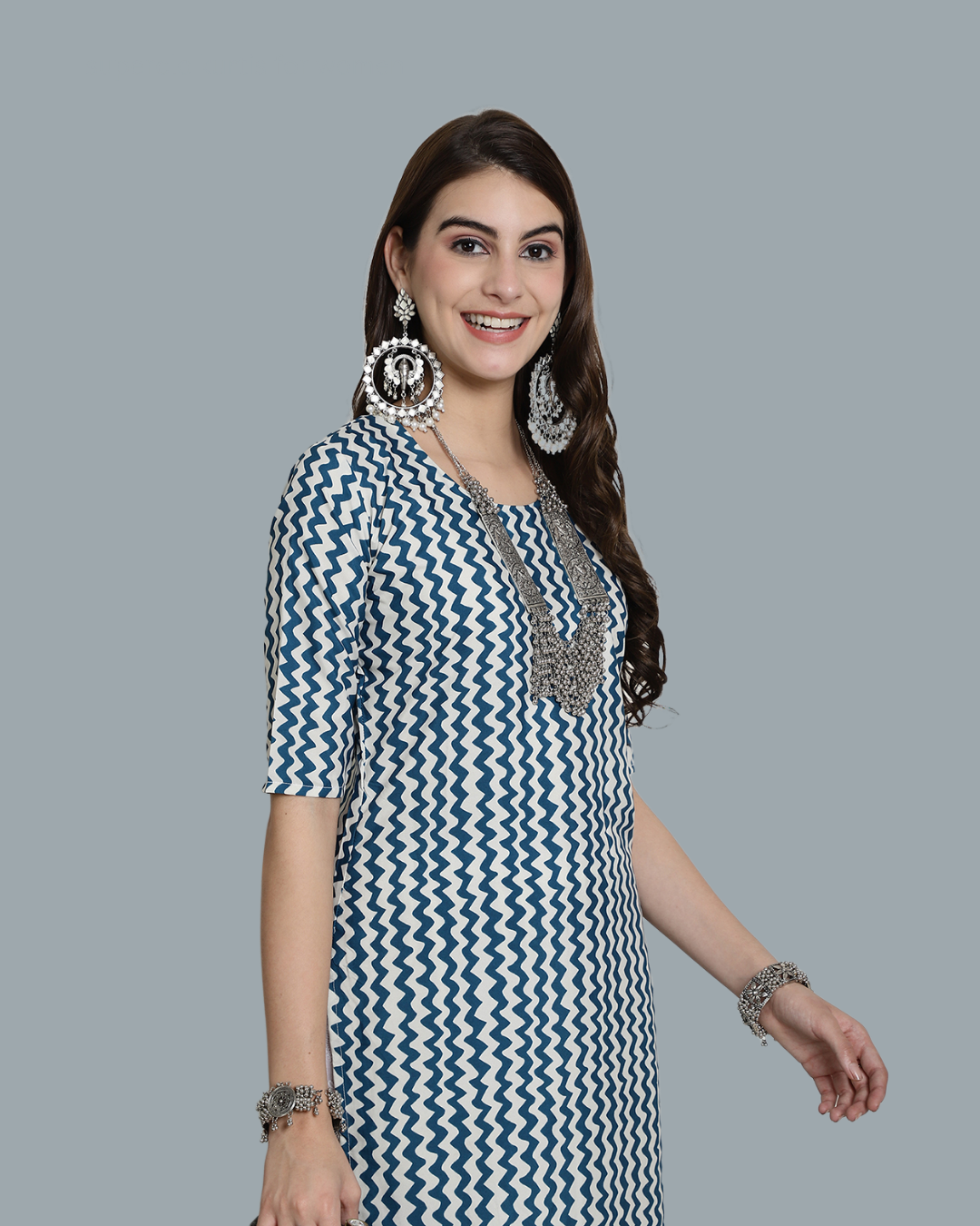 Blue Wave Zigzag Printed Kurta