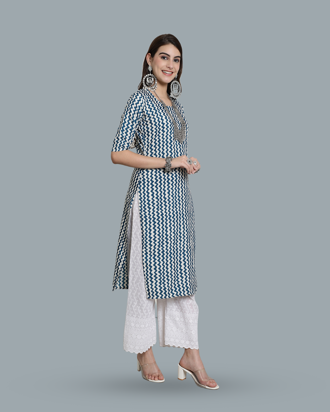 Blue Wave Zigzag Printed Kurta