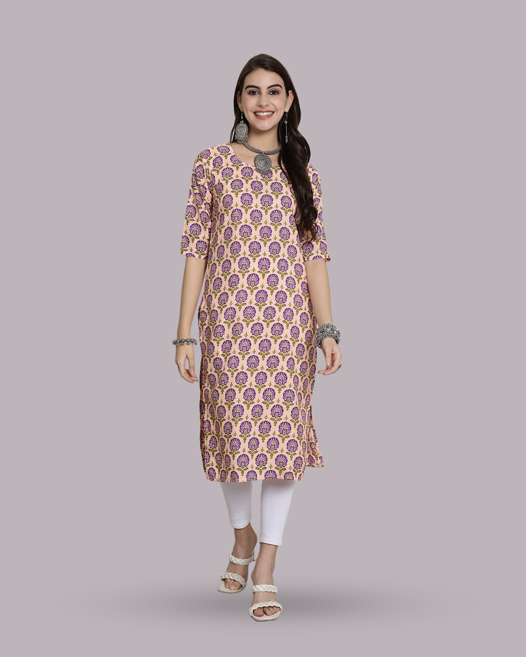 Soft Beige and Violet Bloom Kurta
