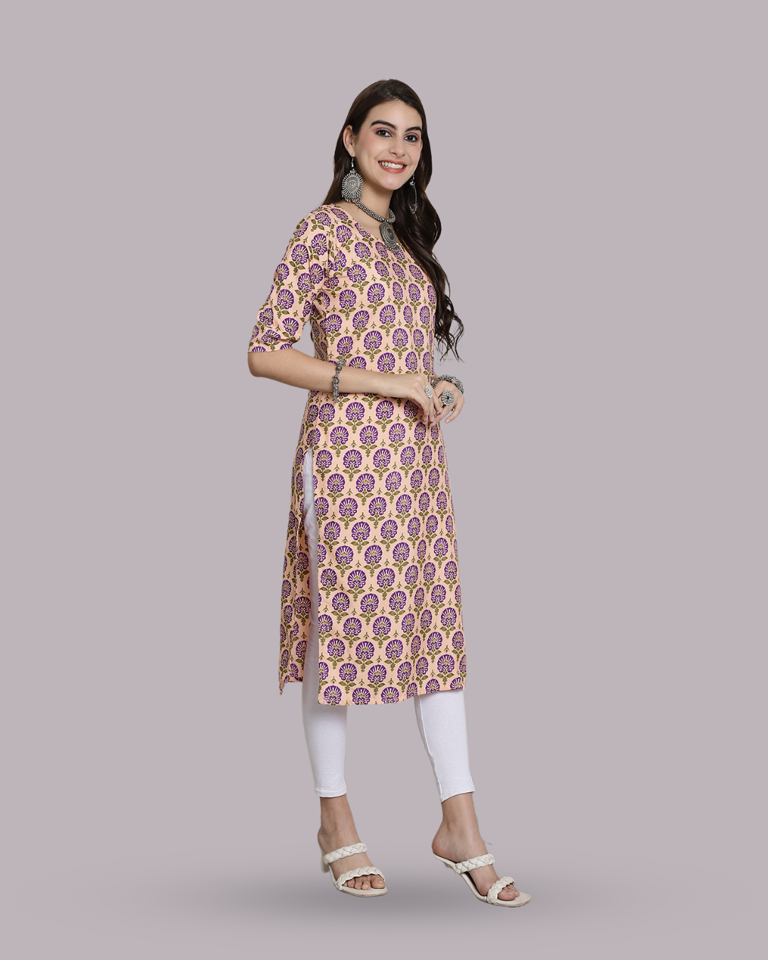 Soft Beige and Violet Bloom Kurta