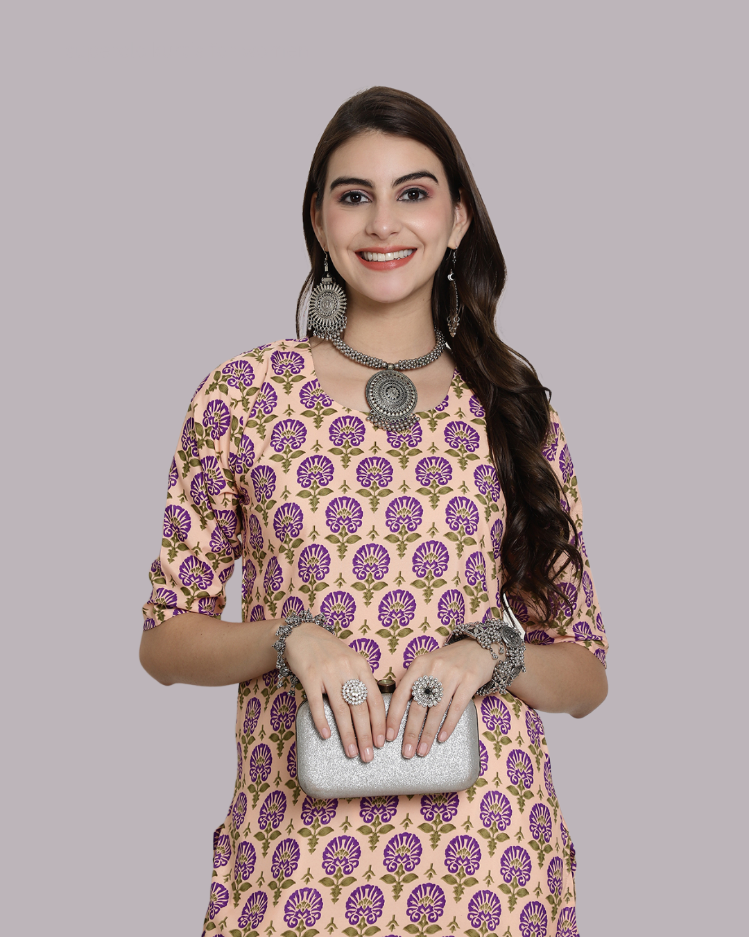 Soft Beige and Violet Bloom Kurta