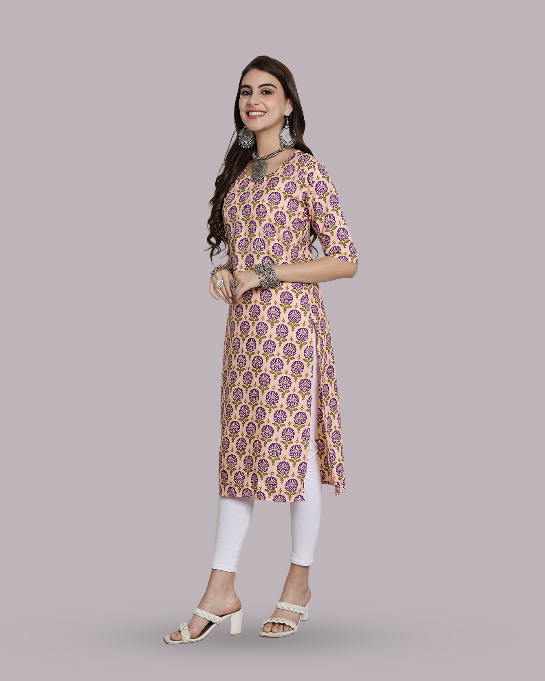 Soft Beige and Violet Bloom Kurta