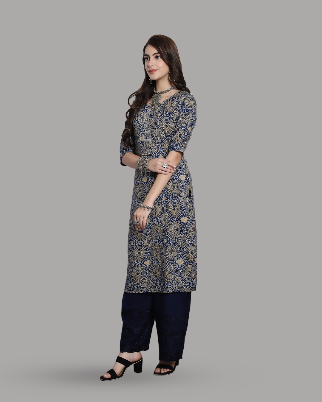 Blue Kurta with Rustic Print Circles