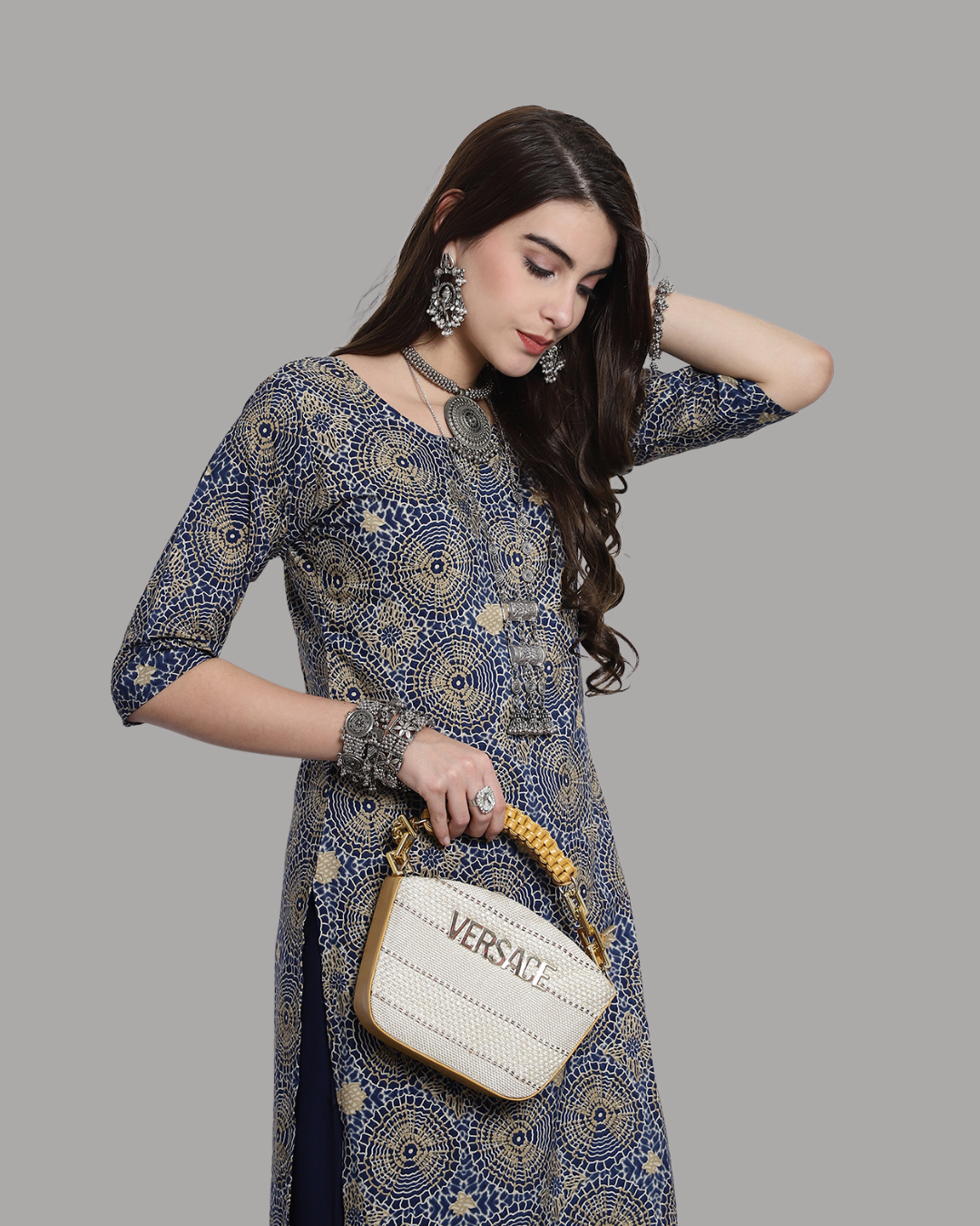 Blue Kurta with Rustic Print Circles