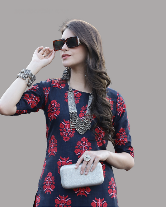 Navy Red Garden Kurta
