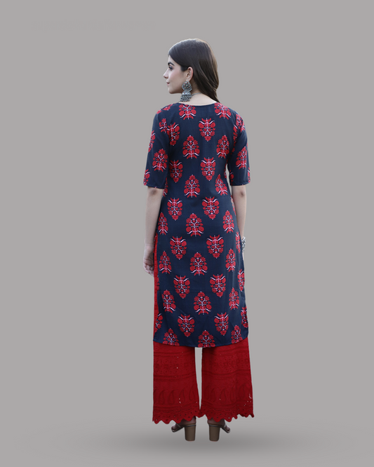 Navy Red Garden Kurta