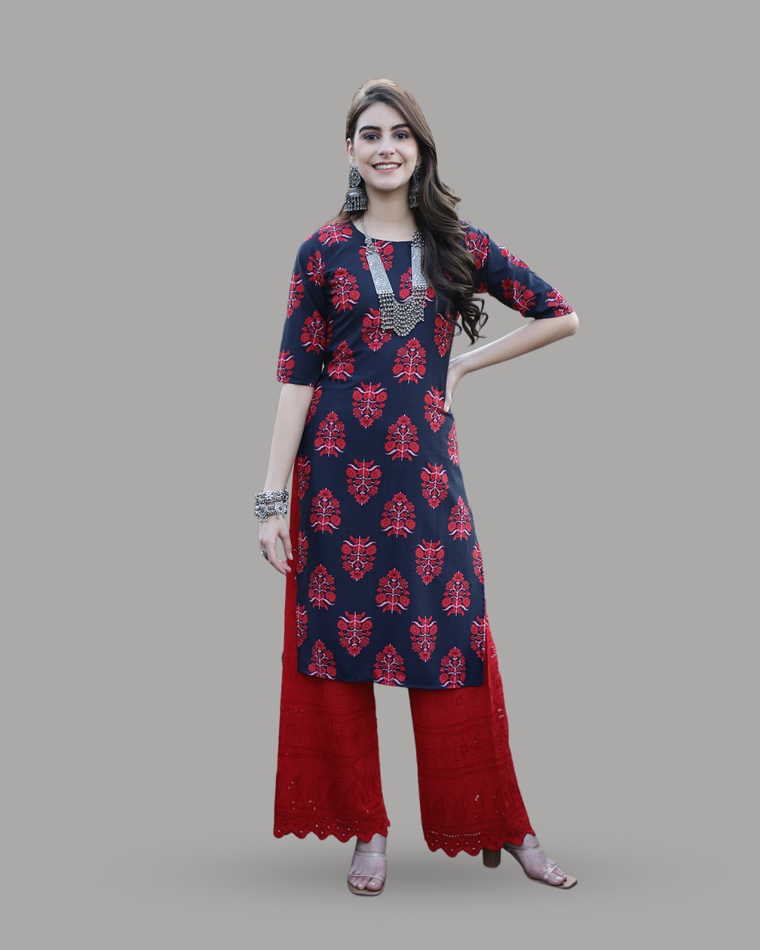 Navy Red Garden Kurta