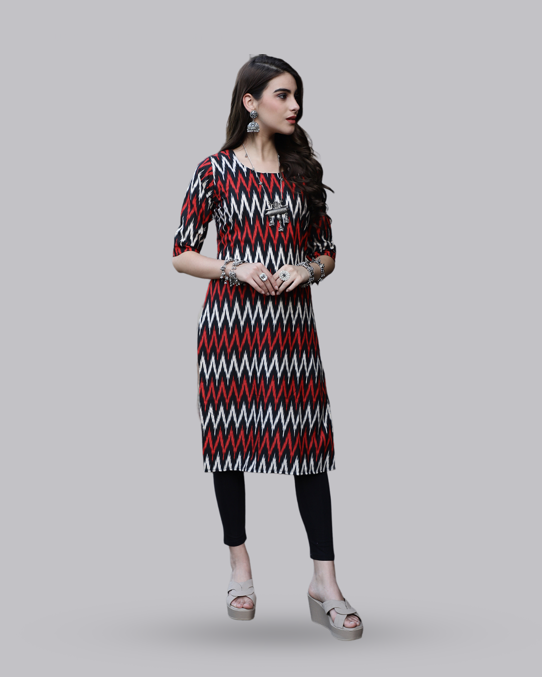 Red and White Zigzag Kurta