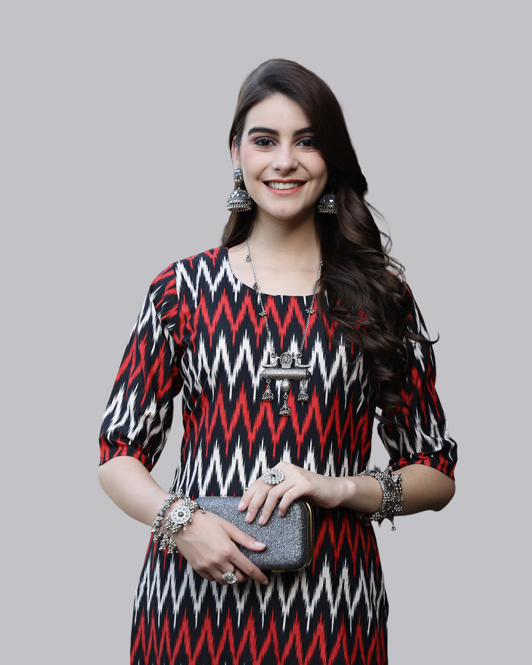 Red and White Zigzag Kurta