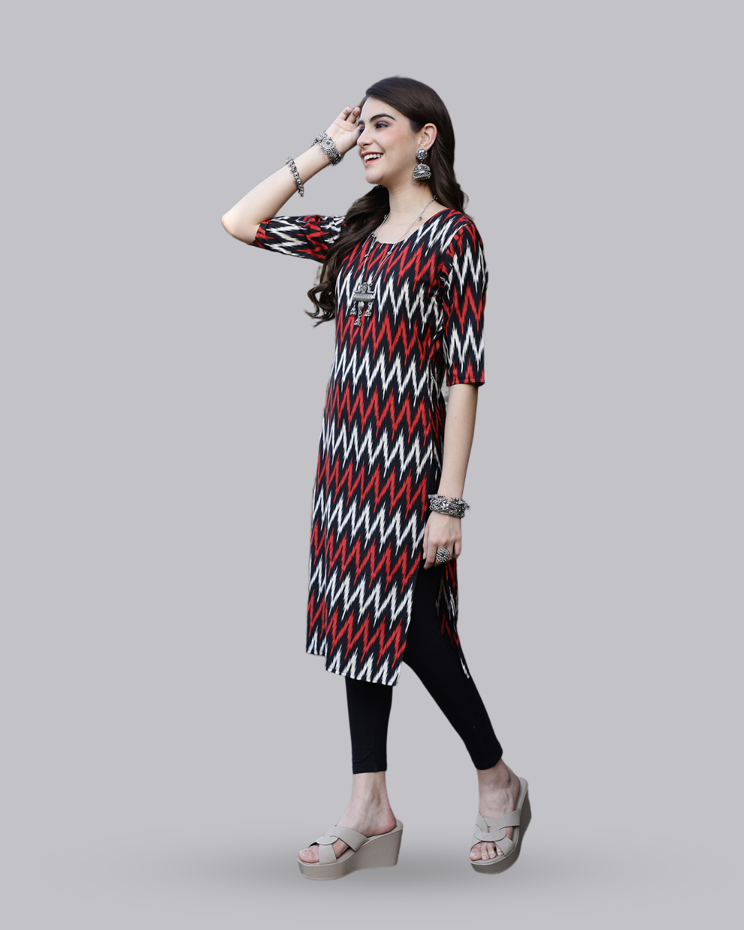 Red and White Zigzag Kurta