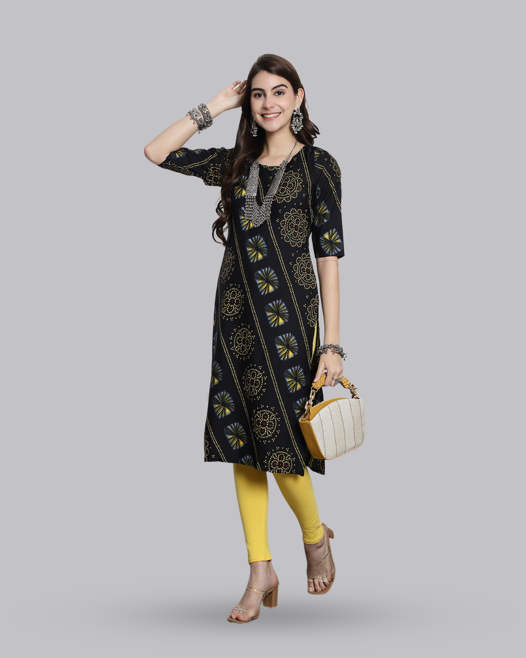 Charcoal Yellow Printed Kurta