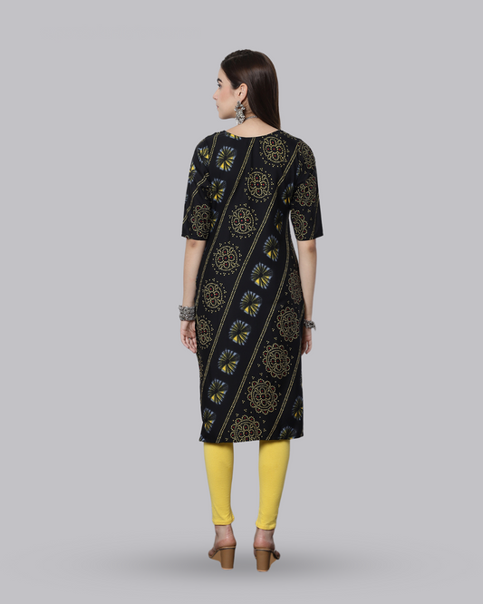 Charcoal Yellow Printed Kurta