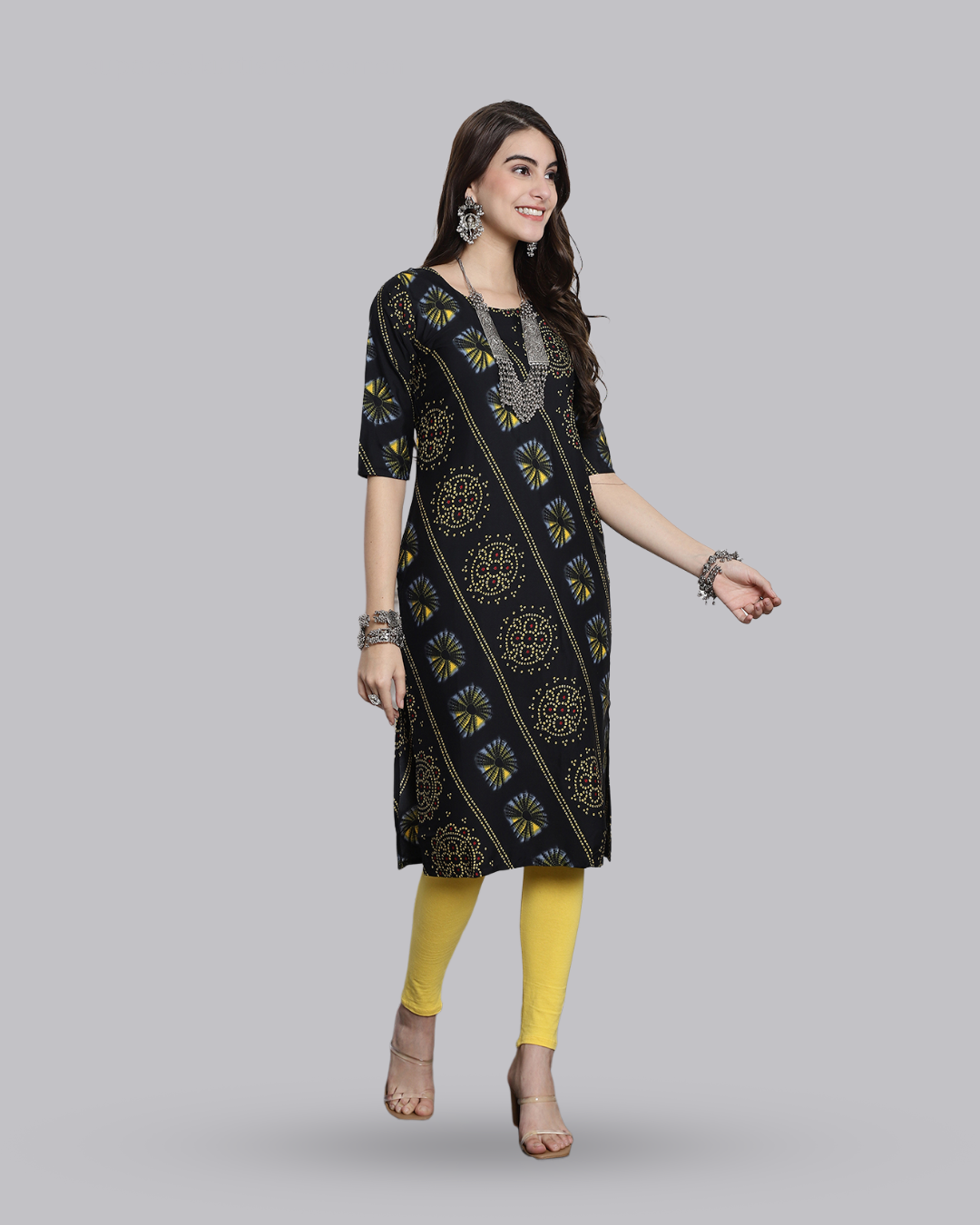Charcoal Yellow Printed Kurta