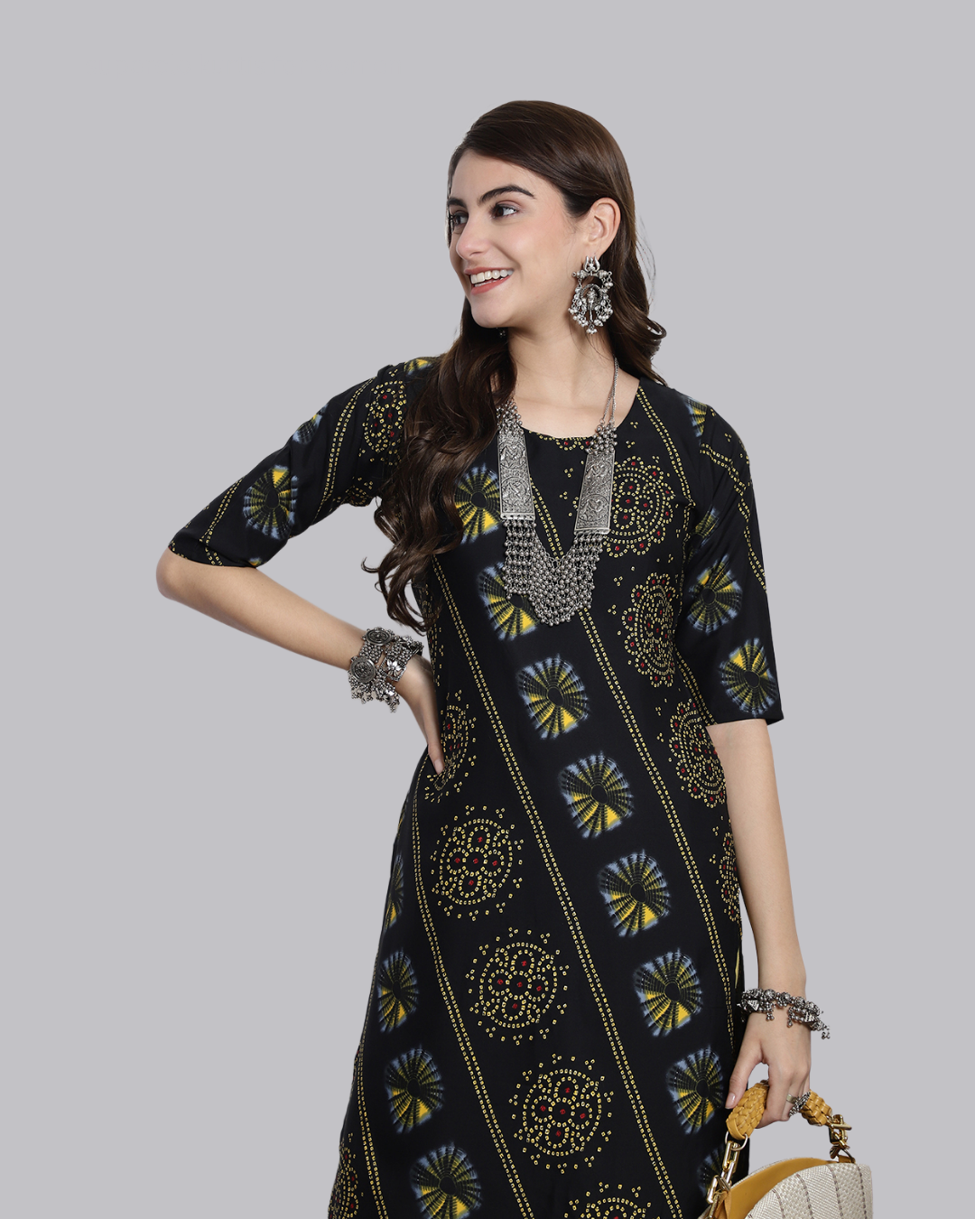Charcoal Yellow Printed Kurta