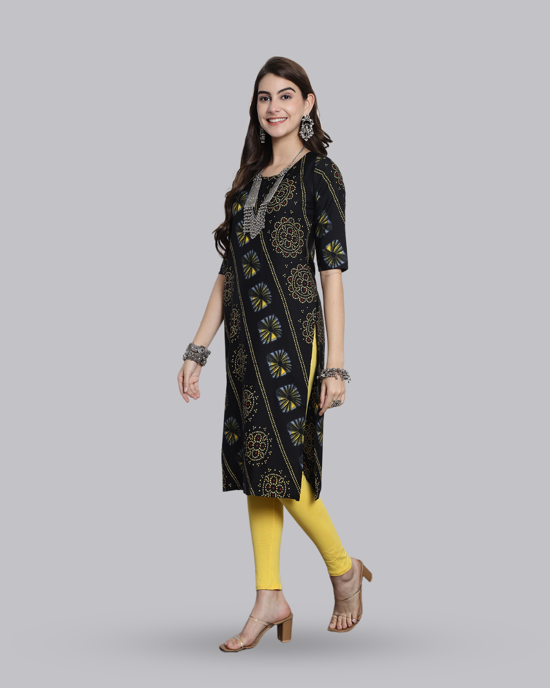 Charcoal Yellow Printed Kurta