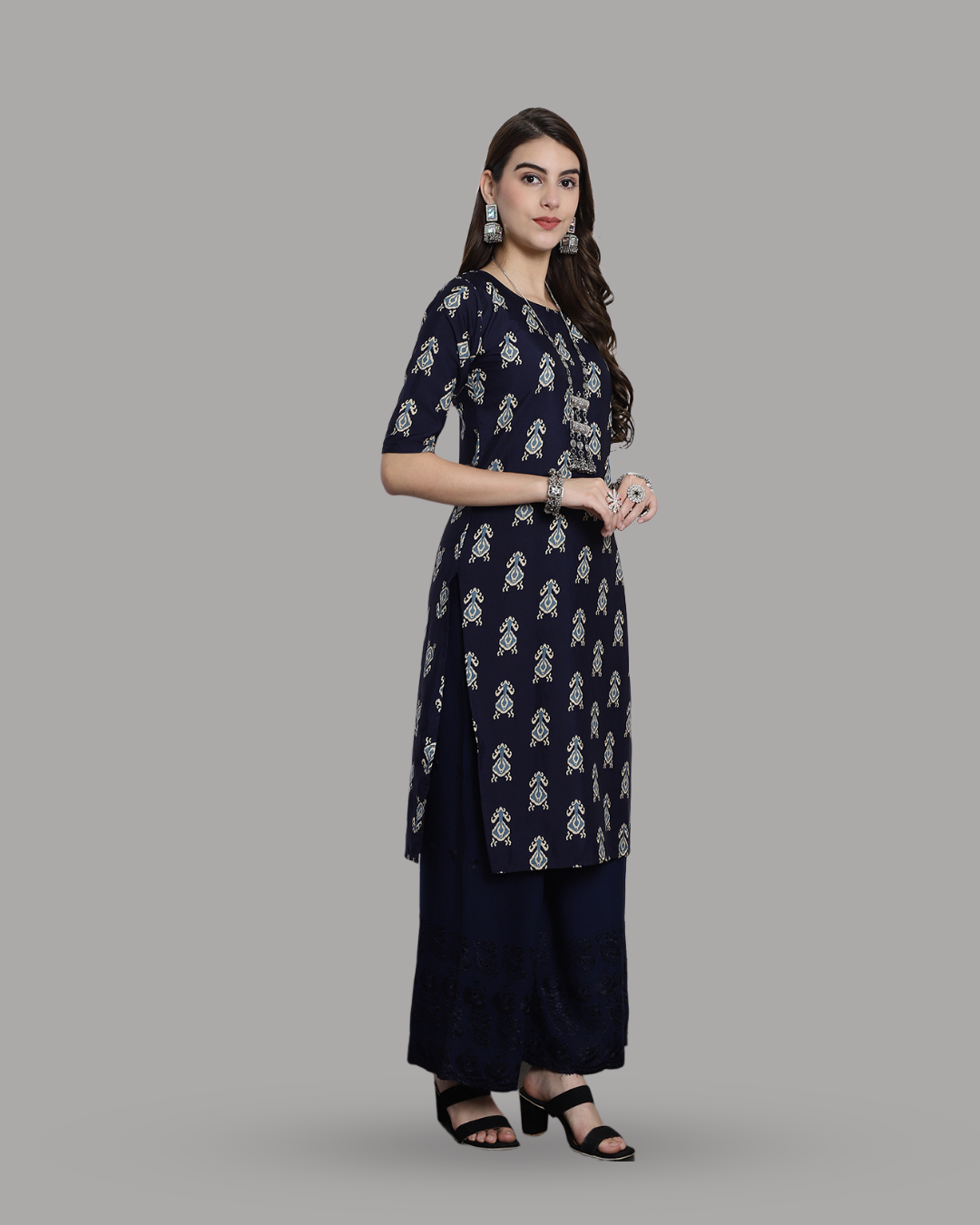 Navy Blue Block Printed Kurta