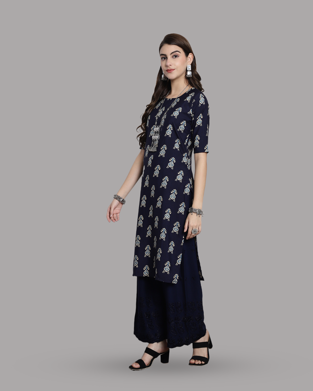 Navy Blue Block Printed Kurta