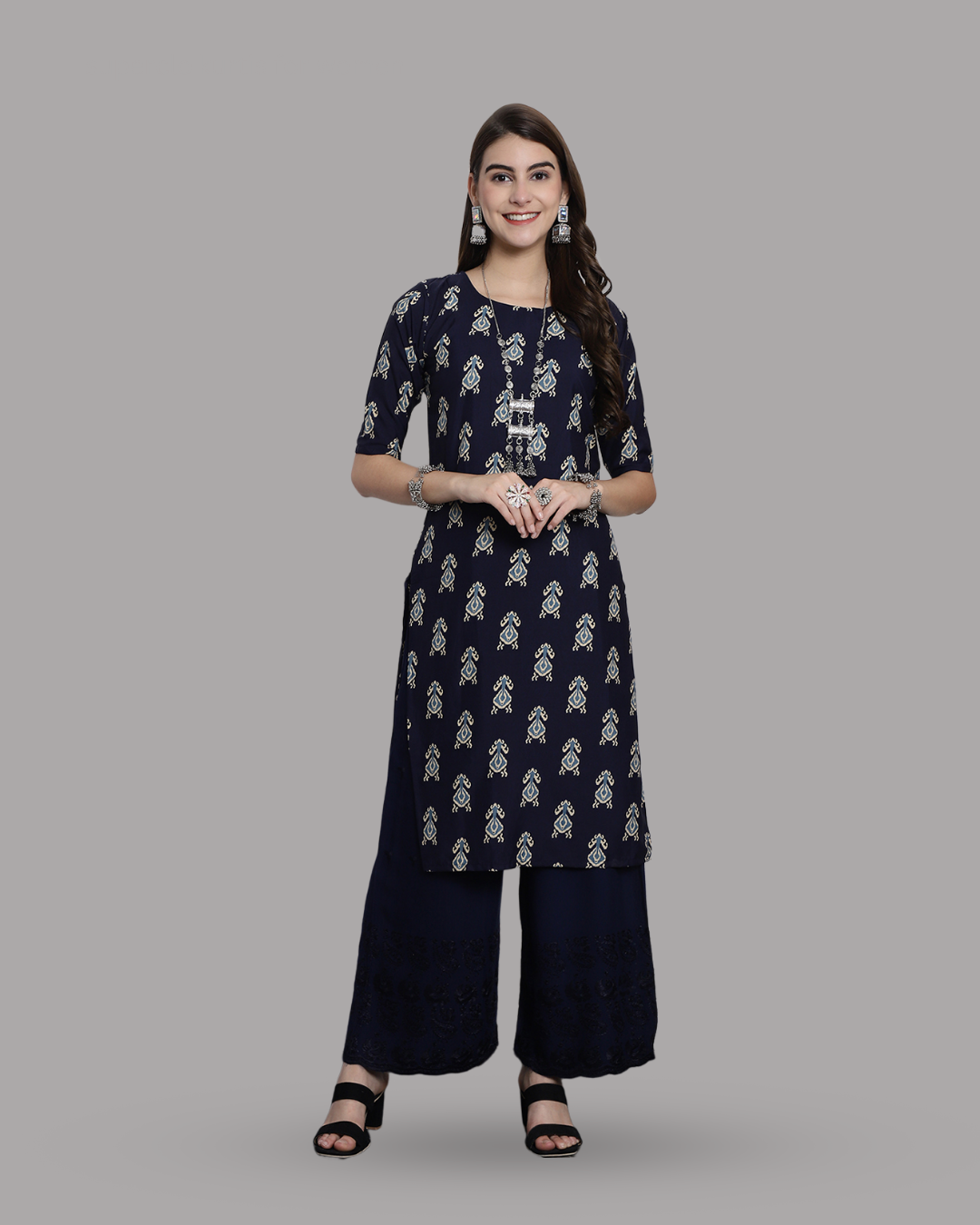 Navy Blue Block Printed Kurta