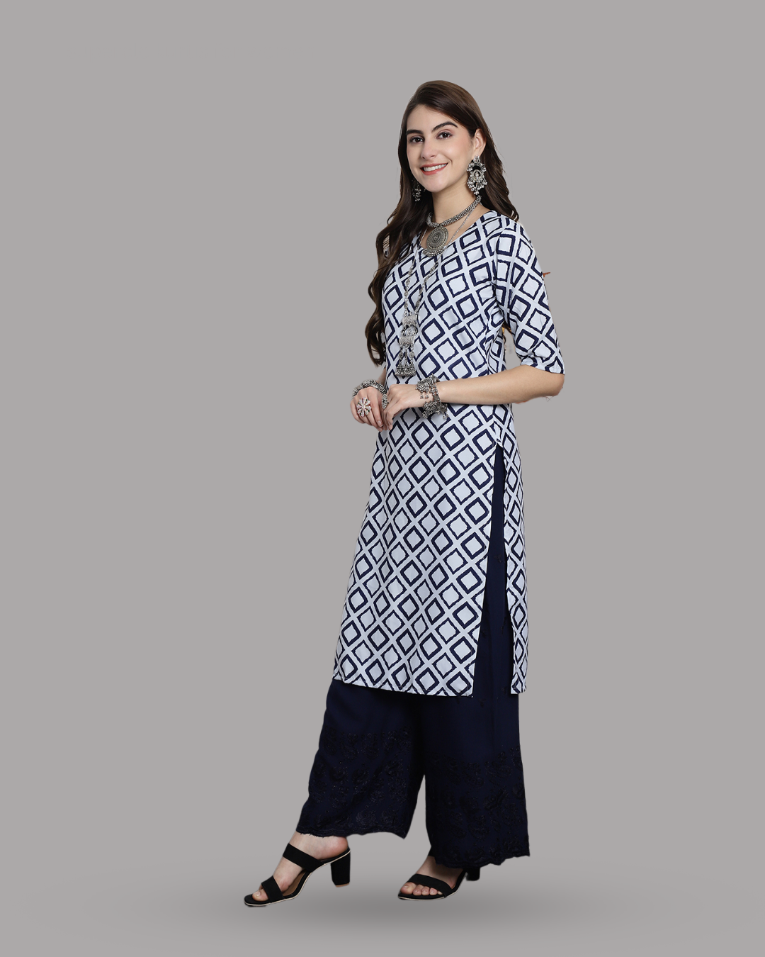 Navy and Ivory Block Printed Kurta